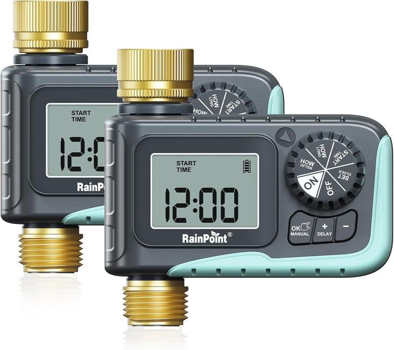 RAINPOINT Sprinkler Timer with Brass Inlet & Outlet, Programmable Hose Timer for Garden Soaker Hose with Rain Delay/Manual Watering System, Digital Drip Irrigation for Yard, Lawn(2PCS) - Image 1